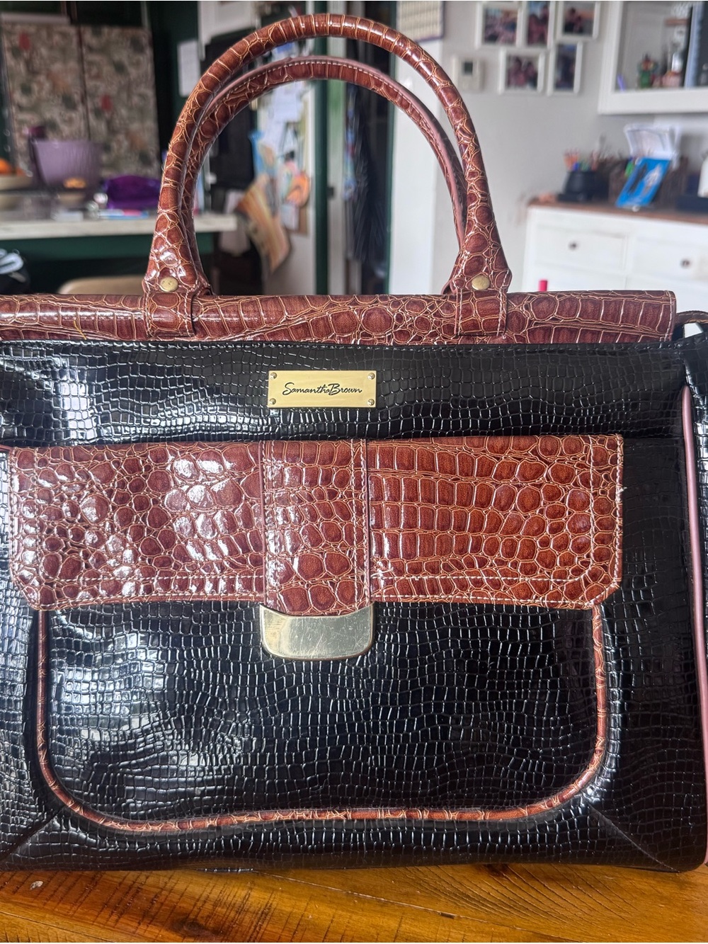 Samantha Brown Croc-Embossed Black Weekender Bag with Brown Trim - Picture 10 of 12